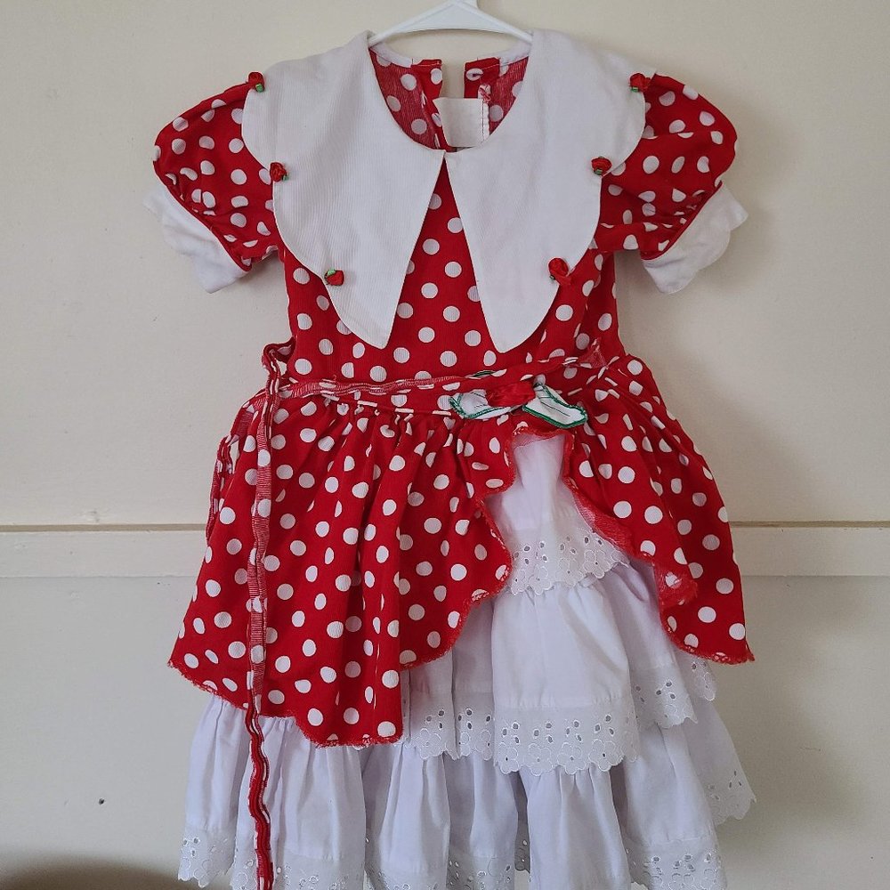 Vintage Girls Polka Dot Red Dress Ruffles Roses, Church Easter Fancy Dress
